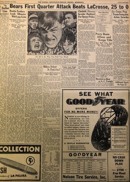 Game story in The Winona Republican Herald for the Chicago Bears and La Crosse Old Style Lagers exhibition football game Sept. 12, 1934, in Winona. (The Winona Republican Herald)