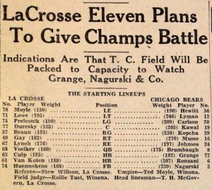 The starting lineup from the Chicago Bears and La Crosse Old Style Lagers exhibition football game Sept. 12, 1934, in Winona. (The Winona Republican Herald)